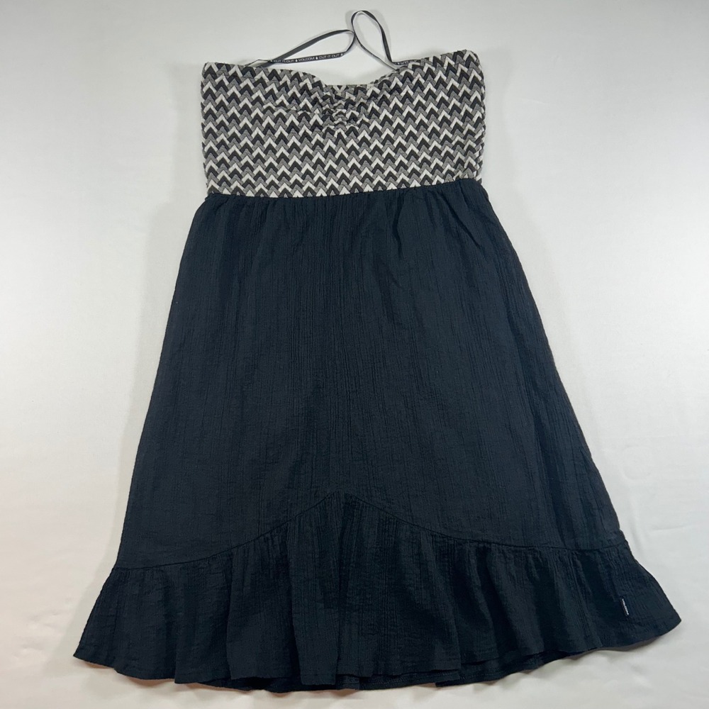 Volcom Up Next Mini Dress Small Black White Geometric Strapless‎ Ruffle B1321528